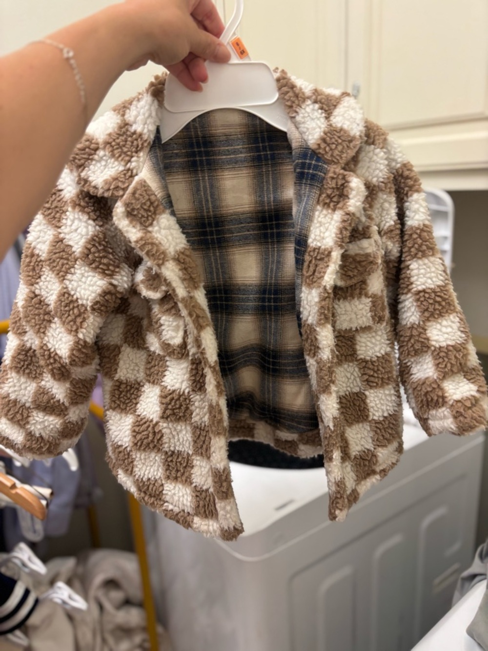 Kids Checkerboard Sherpa Jacket - Cream & Brown